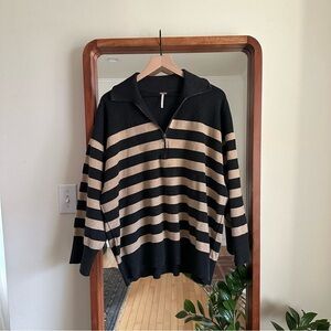 Free People Coastal Striped Oversized Pullover Sweatshirt 1/2 Zip Black Beige XS